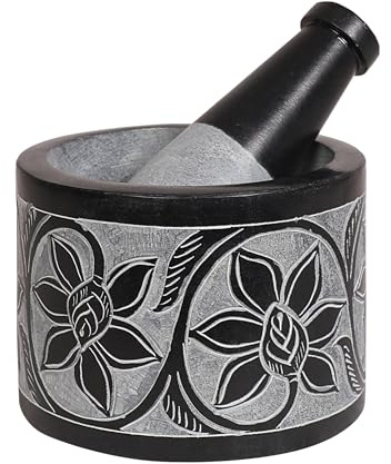 Divit Shilp Mortero y Mano de Mortero, Hecho de Piedra Dura Pulida de Servicio Pesado, Molinillo de Piedra Natural para Especias, Pastas, Hierbas, Condimentos, etc. (Ember)