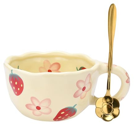 Keramik Teetasse, Geschenke für Frauen, Kawaii Kaffeetasse Handgemachte Kreative Blume becher mit Löffel, Ästhetische Tassen für Milch 250ml Cappuccinotassen Weihnachten Geschenk (Erdbeere)