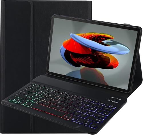 SUEEWE Tastatur Hülle für Xiaomi Redmi Pad Pro 12,1 2024, TPU Rückseite Hülle mit 3 Bereich 7 Farbe Beleuchtete Abnehmbarer QWERTZ Tastatur, Schwarz