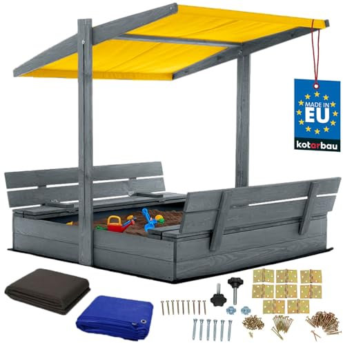 KOTARBAU® Sandkasten mit Abdeckung 120 x 120 cm Großer Grau Holzsandkasten mit Gelb Dach Sandkasten mit Deckel Sandkasten mit Dach Gartenspielzeug Kinder imprägniert verschließbar mit Bänken