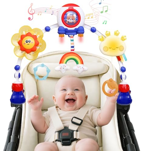 KalaDuck Spielbogen Kinderwagen Spielzeug, Kinderwagenkette Baby mit Musik Lichtern und Windrad, Biegsame Sensorik Mobile Kinderwagen für Bett, Babyschale, Autosit für Jungen Mädchen