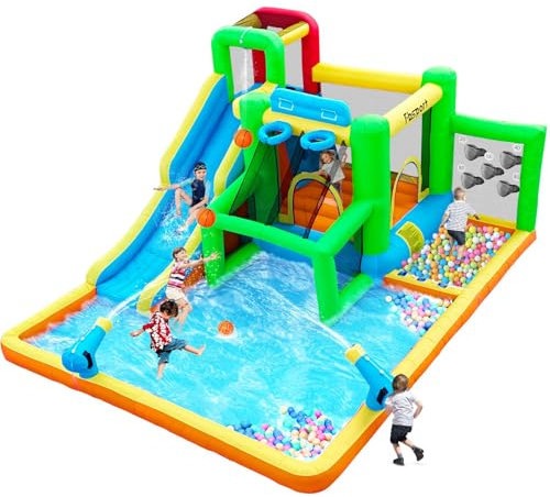 Castello Gonfiabile per Bambini, Parco Acquatico a Secco/Scivolo per Interno Outdoor, Castello Gonfiabile Gigante con Piscina Parete Arrampicata Trampolino, Fino a 4 bambini/140KG, 425 x 355 x 215 cm