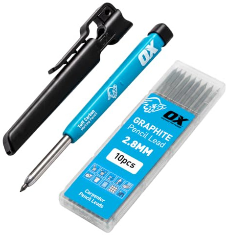 OX Tools Carpenter Pencil and 10 pack Graphite Set Pro Tuff Carbon Marking Pencil Mechanical Construction With 10 Leads, Holder & Sharpener Belt Clip