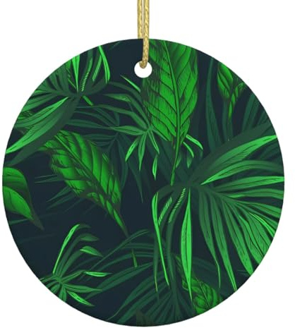 Green Tropical Jungle Plant Printed Christmas decorations, Christmas tree decorations, hanging round porcelain for holiday parties