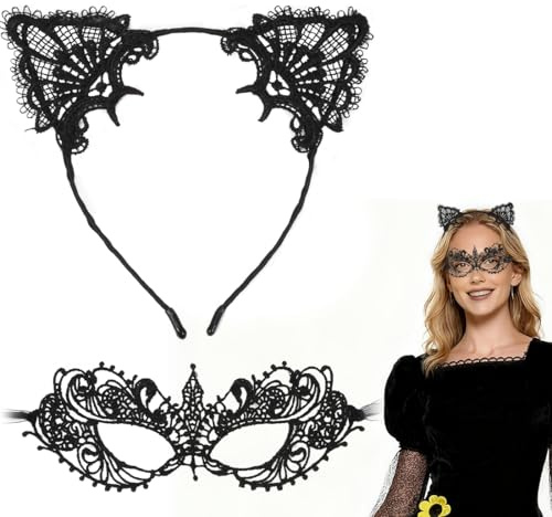 2 Stück schwarze Katzenohren Haarband+Spitzenmaske,Karneval Katzenohren Haarreifen,Damen Sexy SpitzeMaskerade Masken,Karneval Deko Zubehör