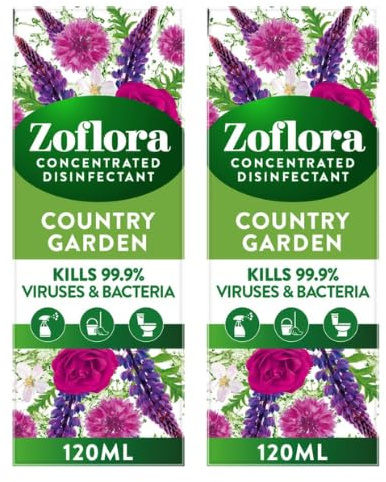 Zoflora Concentrated Disinfectant Liquid Antibacterial Multi-Surface Household Cleaner Eliminates 99% of Germs & Odours Assorted Fragrances and Sizes (120ml Pack of 2, Country Garden)