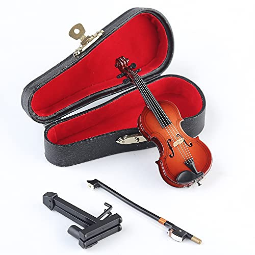 Dselvgvu Mini-Violine aus Holz mit Ständer, Bogen und Koffer, Mini-Musikinstrument, Miniatur-Puppenhausmodell, Heimdekoration (10 x 4 x 1,6 cm)