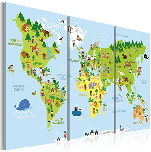 decomonkey Bilder Weltkarte 120x80 cm 3 Teilig Wandbild Groß Leinwandbild XXL Deko Wohnzimmer Schlafzimmer Büro Wanddeko Leinwand Pictures For Wall Poster Wall Painting Tiere Kinderzimmer bunt