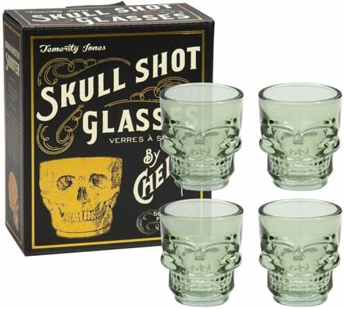 Skull Shot Glasses Set of 4 3D Tinted Glass Gift Boxed Temerity Jones