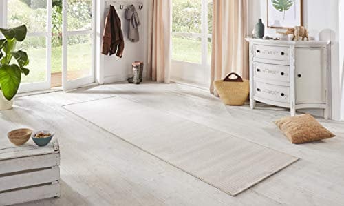 BT Carpet Nature Läufer In- und Outdoor – Schlingen Küchenläufer Rutschfest Flachgewebe Kurzflor Woll-Optik Fineloop Küchenteppich für Flur, Küche, Garten, Terrasse, Badezimmer – Creme Weiß, 80x150cm