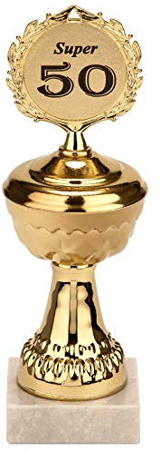 BRUBAKER Pokal mit Jahreszahl - goldene Trophäe mit Marmorsockel - Geschenkidee für runde Geburtstage Jubiläen - Motiv: Super 50