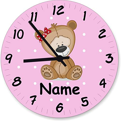 Shirtinstyle Wanduhr Kinderzimmeruhr Teddy Bär mit Wunschnamen Geschenk Uhr Kinder Handmade, 29cm, Farbe Pastellrosa