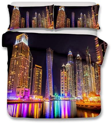 Morbuy Bettbezug Bettwäsche Set, 3D Wahrzeichen der Stadt Bettwäsche-Set Mikrofaser Weiche mit Reißverschluss Bettbezug und Kissenbezüge für Junge Mädchen (200x200cm,Dubai Gebäude)
