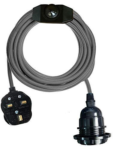LEDSONE Ceiling Pendant Light Fitting, E27 Lamp Holder Suspended Pendant Light plug in, 4.5m Fabric Cable Plug with Dimmer Switch- UK Plug Pendant Light Kit (Black & White)
