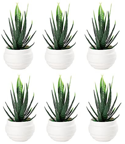 QYLJZB Künstliche Aloe-Agave, Sukkulenten, Mini-Ornament, Bastelzubehör mit weißen Kunststofftöpfen, für Balkon, Garten, Badezimmer, Zuhause, Büro, Pflanzen, Dekoration, 6 Stück