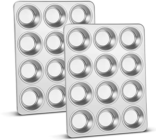 TEAMFAR Set di 2 stampi per muffin in acciaio inox per 12 muffin, 3 cm di profondità, per cupcake, brownies, torte, lavabili in lavastoviglie