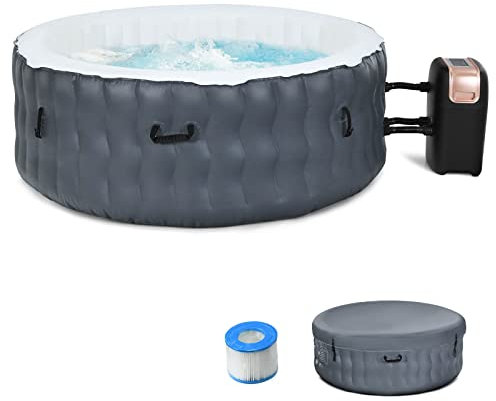 GOPLUS Spa Gonflable Rondφ180x70cm 4 Places avec 108 Jets de Massage,Bain à Remous Gonflable avec Fonction de Chauffage et Système de Filtration,Gonfleur,pour 4 Personnes (Normal, Gris)
