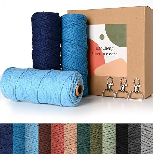 HanCheng 60m x 3mm Makramee Garn Bunt Farbverlauf 3er Set,Farbig Makramee Set mit 3 Schlüsselanhänger—Farbverlauf Blau:(DunkelBlau,Seeblau,Hellblau)