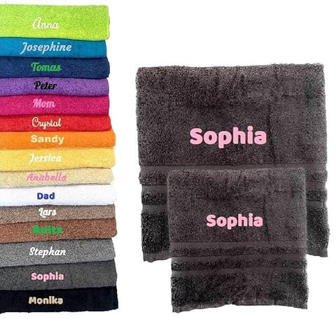 Pet-Jos 2er Pack Personalisiertes Handtuch und Badetuch mit Namen Schön gestickter Name Handbadetuch 100 % Baumwollhandtuch 50 x cm + 140 70 Personalized Custom Towel with (Dunkelgrau)