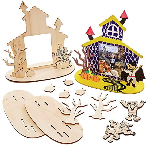 Baker Ross FX187 Haunted House Wooden Photo Frame Kits - Pack of 4, Kids Halloween Decoration Craft Kit, Wood Arts and Crafts