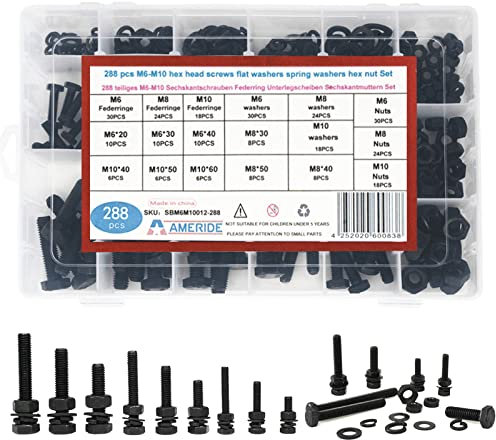 Ameride 288pcs Sechskantschrauben M6 M8 M10 Kohlenstoffstahl Schrauben mit Federringe Muttern Unterlegscheiben Sortiment in Aufbewahrungsbox, Maschinenschrauben Gewindeschrauben Set, Schwarz