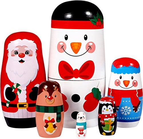 Ciieeo 6pcs Christmas Russian Nesting Dolls Wooden Matryoshka Dolls Christmas Russian Wooden Stacking Nested Stacking Dolls Toy for Christmas Party