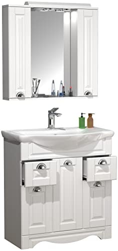 VCM 3-TLG. Waschplatz | Waschtisch Unterschrank 75 cm | Badmöbel Set mit Waschbecken und Spiegelschrank | praktische Schubladen | Landhaus | Komplettset Casalo XL