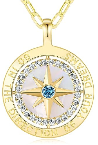 LOUISA SECRET Gold Halskette Damen Silber 925 Kompass Kette Anhänger Weißer Zirkon Schmuck Damen Geschenk für Sie Frau Freundin an Geburtstags Weihnachten Valentinstag