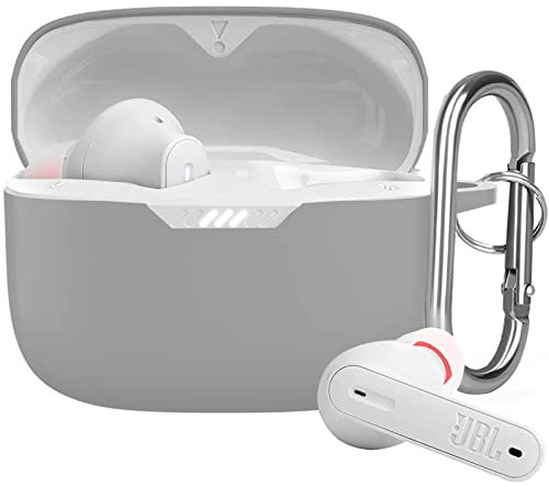 Für JBL Tune 230 NC TWS Hülle, Front-LED sichtbar, weich, rutschfest, stoßfest, vollständig schützende T230NC-Hülle mit Karabiner - Grau