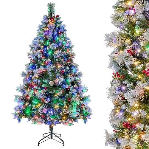 GYMAX 6FT/7FT Pre-Lit Christmas Tree, Hinged Artificial Xmas Tree with 747/1116 Branch Tips, 350/400 LED Lights, Pine Needles, Pine Cones & Red Berries, Holiday Decor Tree, 11 Lighting Modes (7 FT)