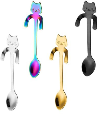 BZKSER Cucharadita - 4 pcs cucharillas,Cuchara para Mezclar Mini Gato,Cuchara de Café de Gato de Acero Inoxidable 304, para té, azúcar, Pastel, Helado, vajilla,Postre (4 Colores)