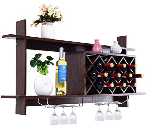 GIANTEX Étagère à vin avec support pour verre à vin, étagère murale en bois, porte-bouteille de vin, porte-bouteille suspendu, étagère à verres, étagère à vin, étagère à vin, 120 x 20 x 59 cm, marron