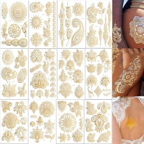 LEZED Temporäre Tattoos, 12 Blatt Gold Metallic Tattoo Mandala Festival Tattoos Wasserfest Flash Glitzer Tattoos Erwachsene Halloween Tattoos Temporary Tattoo Damen für Körper,Gesicht,Arme und Beine