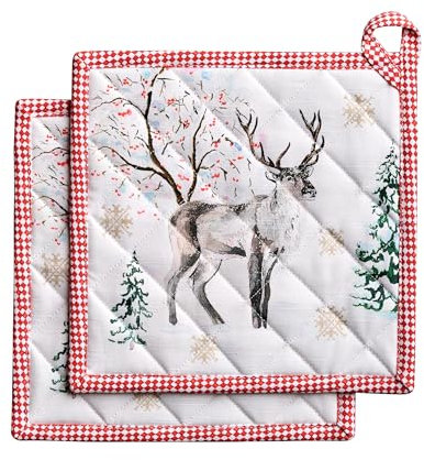 Maison d'Hermine, Set di 2 presine in 100% cotone, 20 x 20 cm, con passante, resistenti al calore, per grigliare al microonde, barbecue, pentole calde, regali per la festa della mamma (Natale rurale)