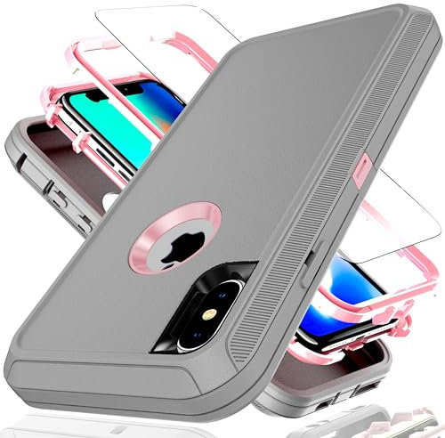 YmhxcY for iPhone XS Case iPhone X Case 5.8-Inch with Explosion-Proof Screen Protector,3 in 1 Shockproof TPU Hard PC Bumper Drop-Proof Shell for iPhone XS/X-Gray/Pink