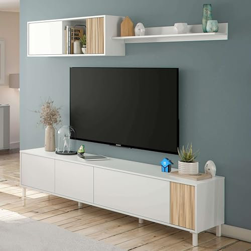 Miroytengo Muebles de Salón TV con Armarios Comedor Ethna Blanco Artik y Natur Estilo Moderno 200x40 cm