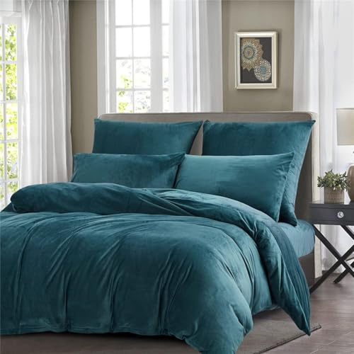 Gezu Bettbezug aus Flanell, 240 x 260 cm, Winterblau, Bettwäsche, Samt, doppelseitig, dick, flauschig und warm, für 2 Personen, mit 2 Kissenbezügen, 65 x 65 cm, mit Reißverschluss