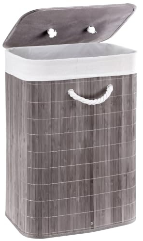 GEEZY Bamboo Laundry Hamper with Lid 72L, Grey - Foldable Laundry Basket, Removable Fabric Liner Bag, Sturdy Rope Handles - Collapsible Washing Bin for Bedrooms, Bathrooms, Dirty Clothes Storage