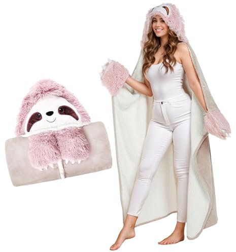 LOMUG Rosa Faultier Geburtstagsgeschenk für Frauen Tragbare Decke mit Ärmeln, Sofadecke Sloth Kuscheldecke Flauschig Cartoon Tierdecke für Damen Herren Tierliebhaber Zuhause Reisen 152x125 cm