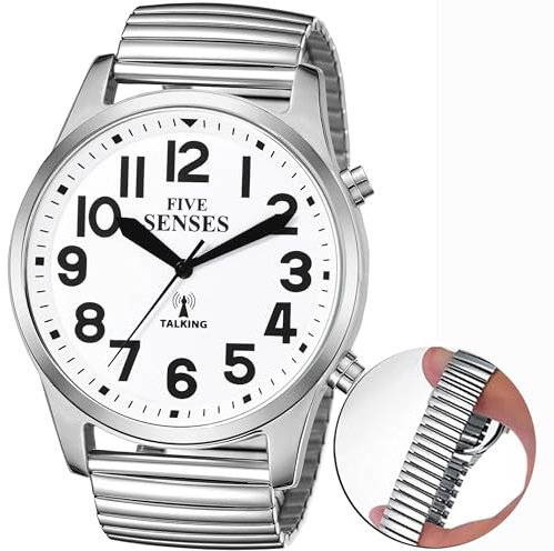 FIVE SENSES English Atomic Jumbo Size (43mm /1.75in) Metal Talking Watch with Loud Alarm Clock for Visually impaired, Elderly Person (WHITE)