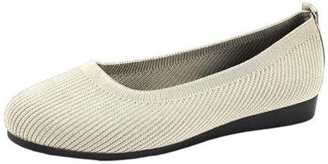 Walk Shoes for Women Ballet Pumps Women Wedding Women's Knitted Breathable Soft Side Soft Sole Casual Shoes Sneakers Striped Mesh Fabric Comfortable Ladies Black Shoes Slip On Canvas (Beige, 6.5)