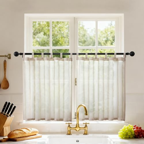 Joydeco Scheibengardinen Modern Leinenoptik Küchen Gardinen Vorhänge mit Schlaufen Voile Vorhang 2er Set H 60 x B 60 cm Transparente Küchengardinen Gardine Kurz für Wohnzimmer Wohnmobil Landhausstil