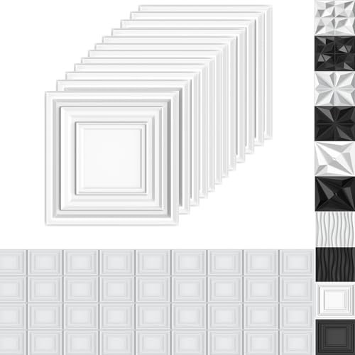 UISEBRT 3D PVC Wandpaneele 12 Stück, 50x50 cm Wandverkleidung, wasserdichte Wandplatten für Wohnzimmer, Schlafzimmer und Decke, 3D Wanddeko inkl 30m doppelseitiges Klebeband, 3m² Schicht Weiß