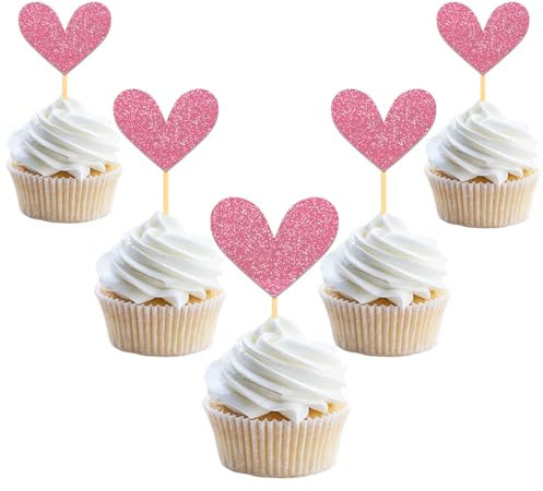 24 Stück Glitzer Liebe Herz Cupcake Toppers, Muttertag Deko Tortendeko, Hochzeit Gemischte Größe Kuchendeko für Valentinstag Jahrestag Braut Geburtstag Heiratsantrag Verlobung Party Deko (Pink)