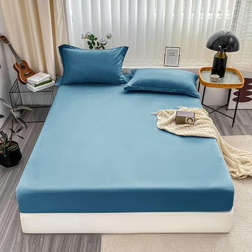 KnSam 200x220cm Betttuch rutschfest, Bettlaken Unterlage Einfarbig Schlafkomfort, Polyester Tagesdecken Sea Blau für alle Jahreszeiten