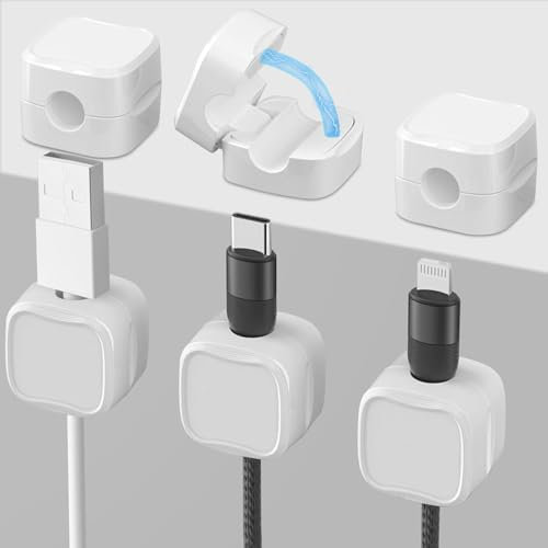 6 Pack Cable Tidy Clips Cord Organiser Magnetic Cable Management Self Adhesive Wire Holder for Desk,for Home,Office,Nightstand,Car,Desk-White