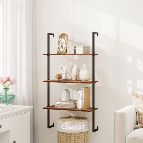 CAMOAT Versatile 3-Tier Ladder Bookshelf, Wall-Mounted Bookcase with Wood Shelves, Blanket Ladder, Wall Decor – Maximize Living Room, Office & Entryway Space,Brown and Black Metal Frame (3Tier)