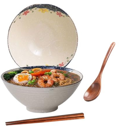 Ceraozmus 40 OZ Ceramic Ramen Bowls, 8 in Large Japanese Noodle Soup Bowl, Match Chopsticks and Spoons, Suitable for Pho, Udon Asian Noodles (Colorful Flowers)
