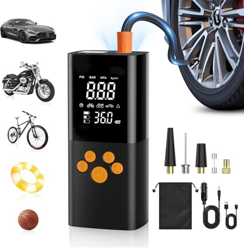 Compressore Aria Portatile, 180PSI Compressore Portatile per Auto con Batteria 25000mAh, Intelligente Un Clic Pompa Elettrica per Bicicletta, Moto e Altro Ancora con Misuratore di Pressione (nero)