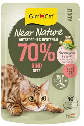 GimCat Near Nature Rind - Getreidefreies Nassfutter für Katzen ab dem 7. Monat mit artgerechter und beutenaher Rezeptur - 16 Beutel (16 x 85 g)